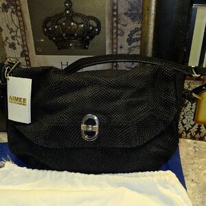 *NWT* Aimee Kestenberg ROCCO Black LEATHER LIZARD EMBOSSED SHOULDER